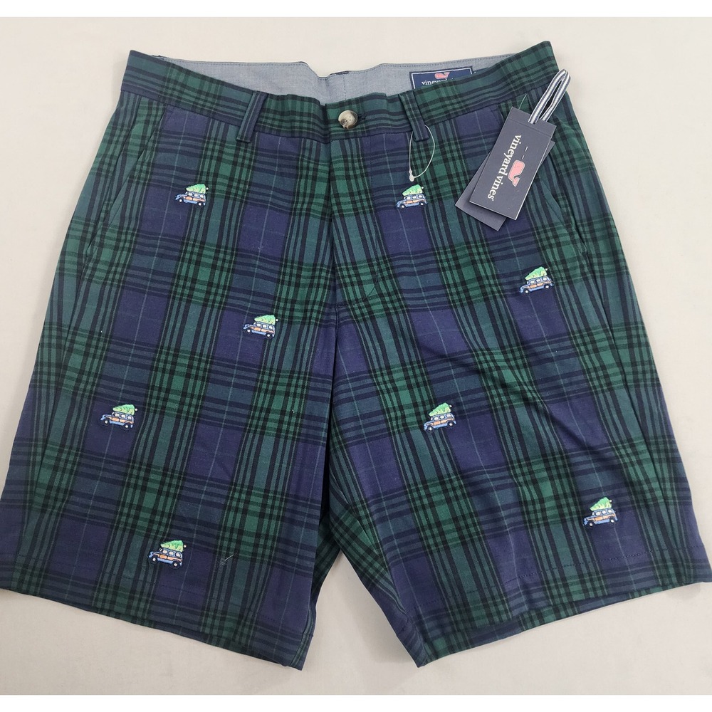 Vineyard Vines Mens 9 Inch Breaker Shorts 32 Green Plaid Christmas Car Tree NWT